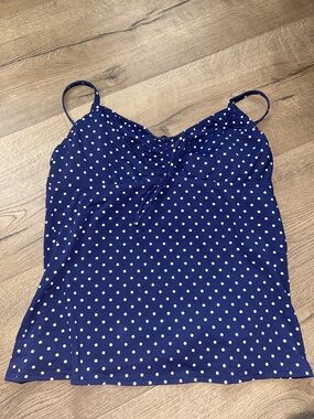 Lands' End Navy Blue & White Polka Dot Swim Tankini Top